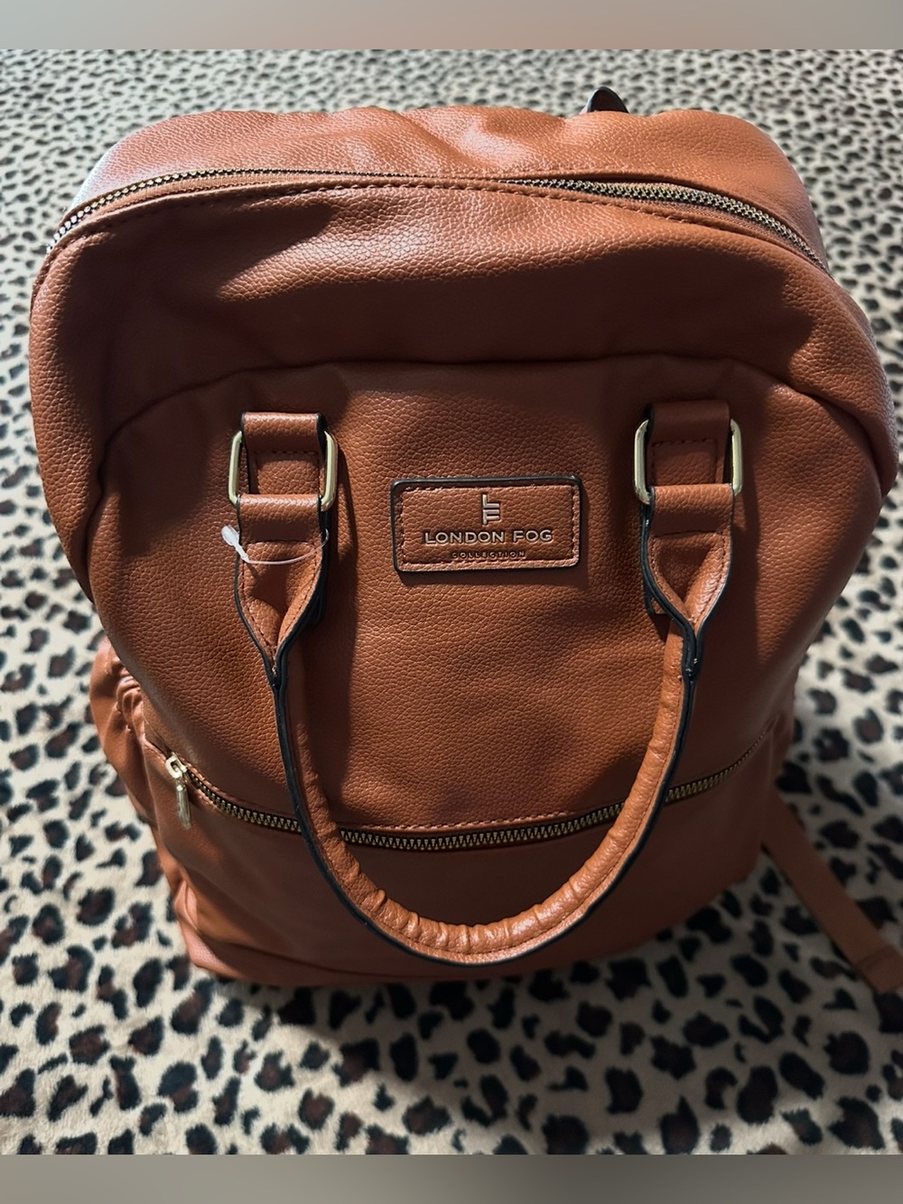 LONDON FOG COGNAC FAUX LEATHER BACKPACK TOTE